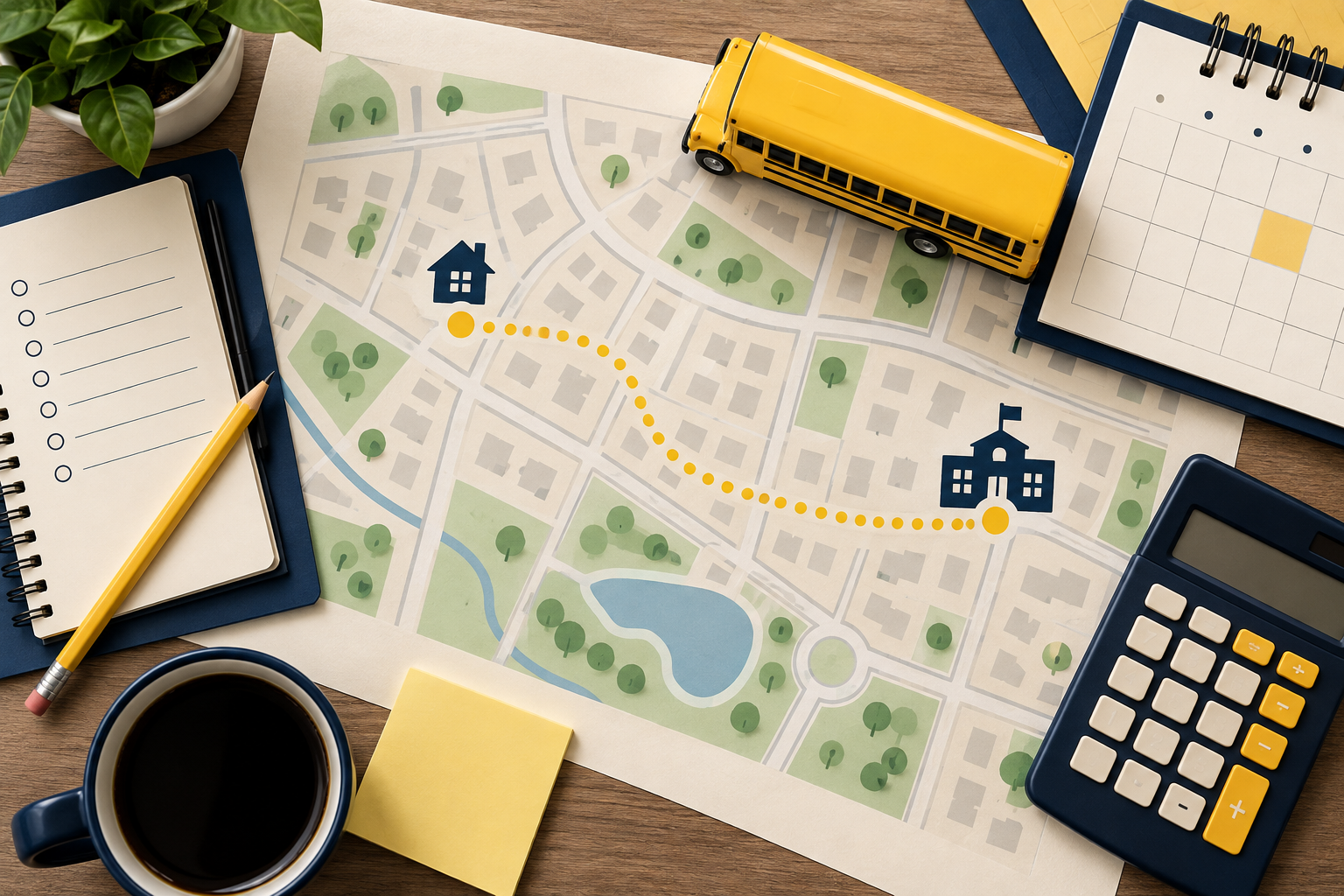 Toy bus on an illustrated home-to-school route map