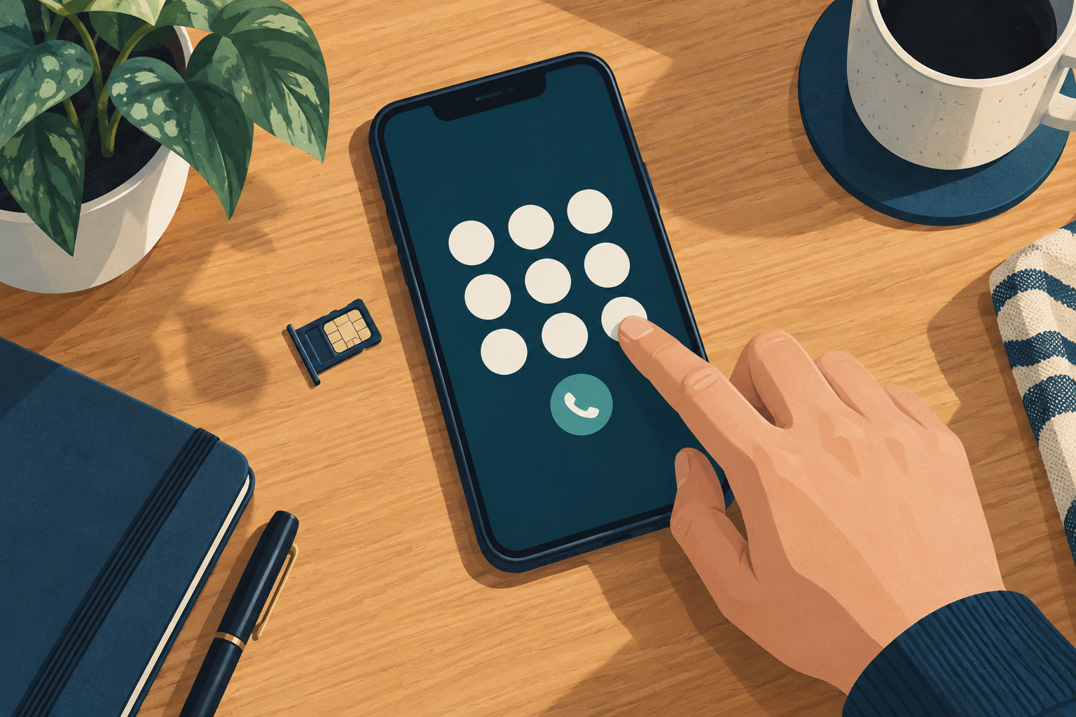 Hand using an abstract phone dial pad beside a SIM tray