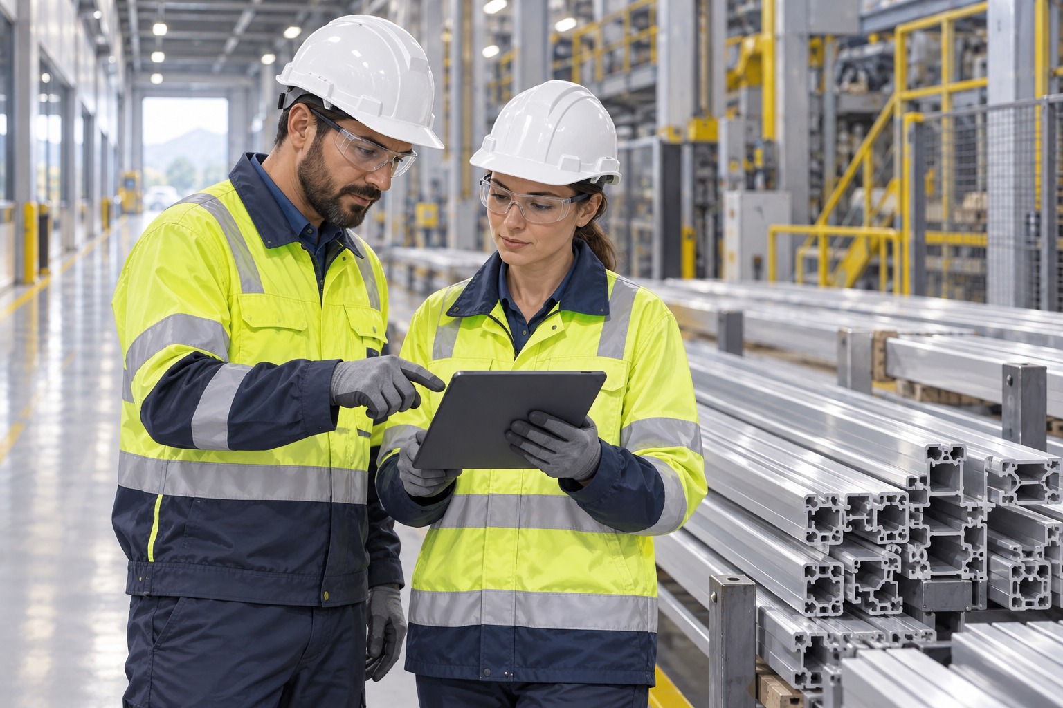 Illustration of engineers reviewing a tablet beside aluminium profiles