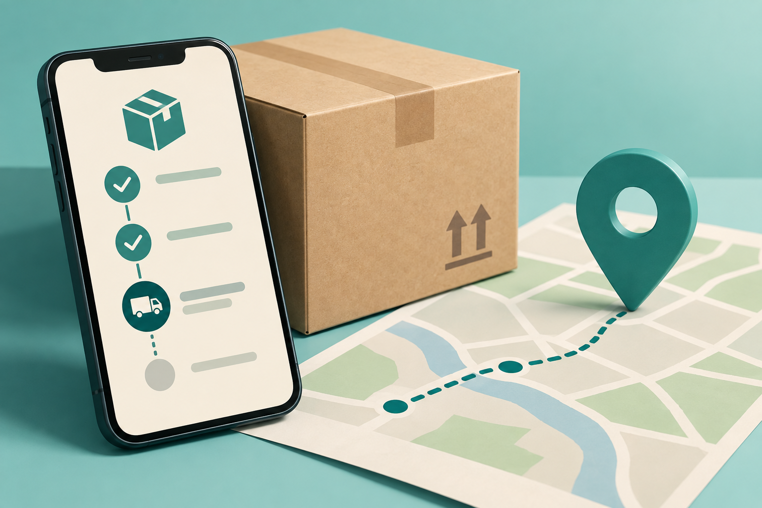 Phone with abstract parcel tracking icons beside a box and map