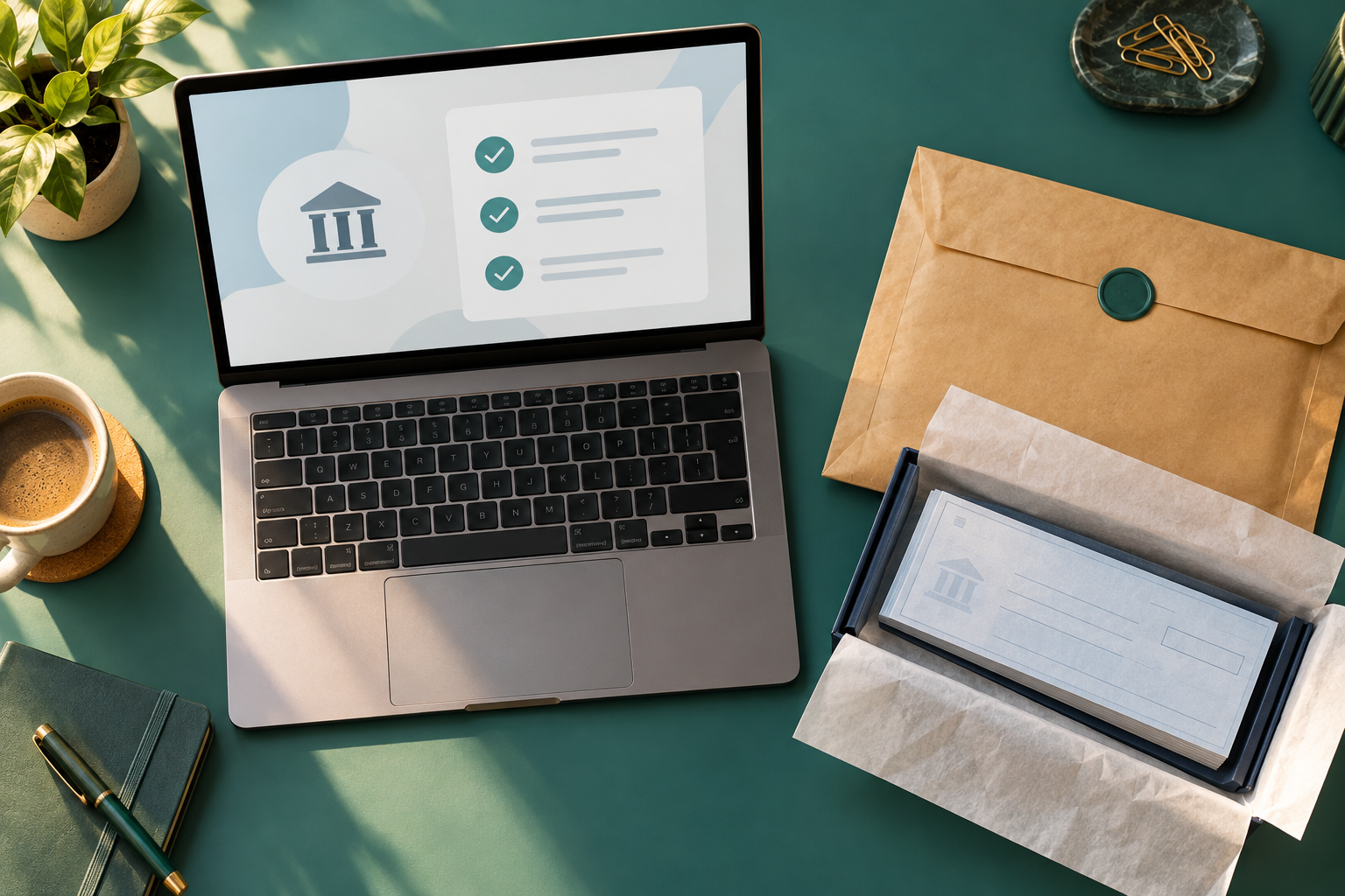 Illustration of an online cheque-book request and delivery envelope