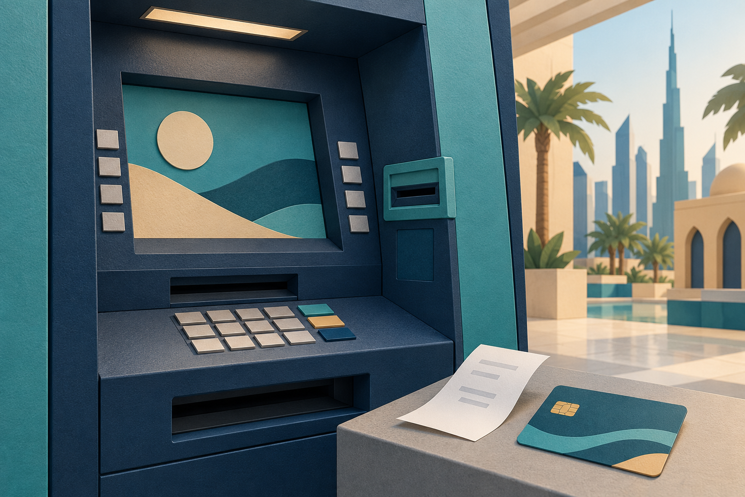Illustration of an ATM, prepaid card and receipt