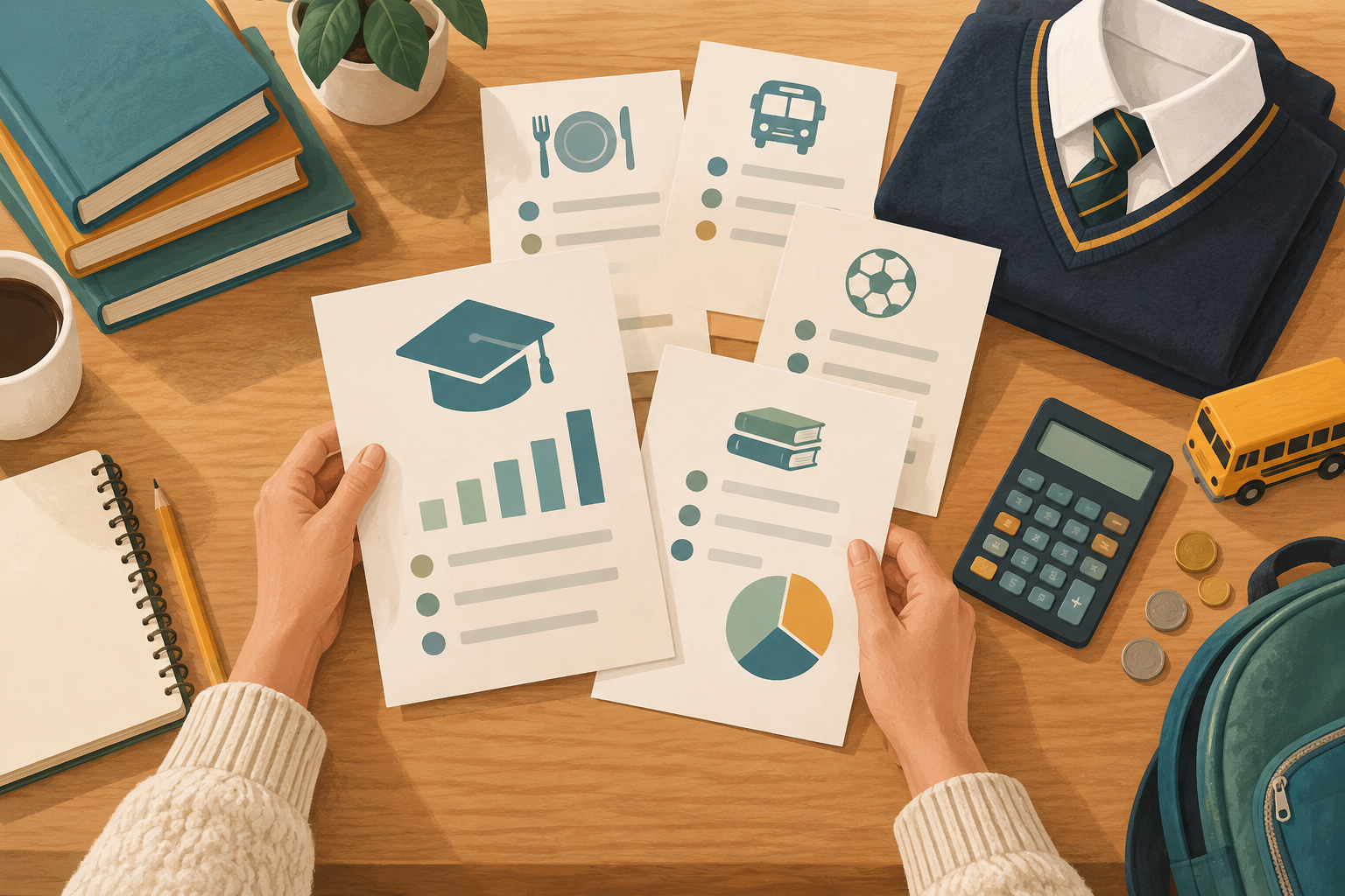 Parent organising school budgeting sheets and supplies