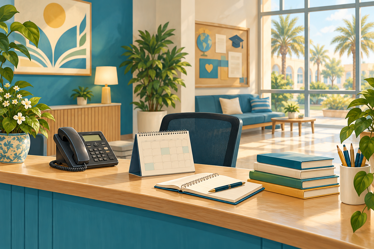 Illustration of a school reception desk with telephone, calendar and books
