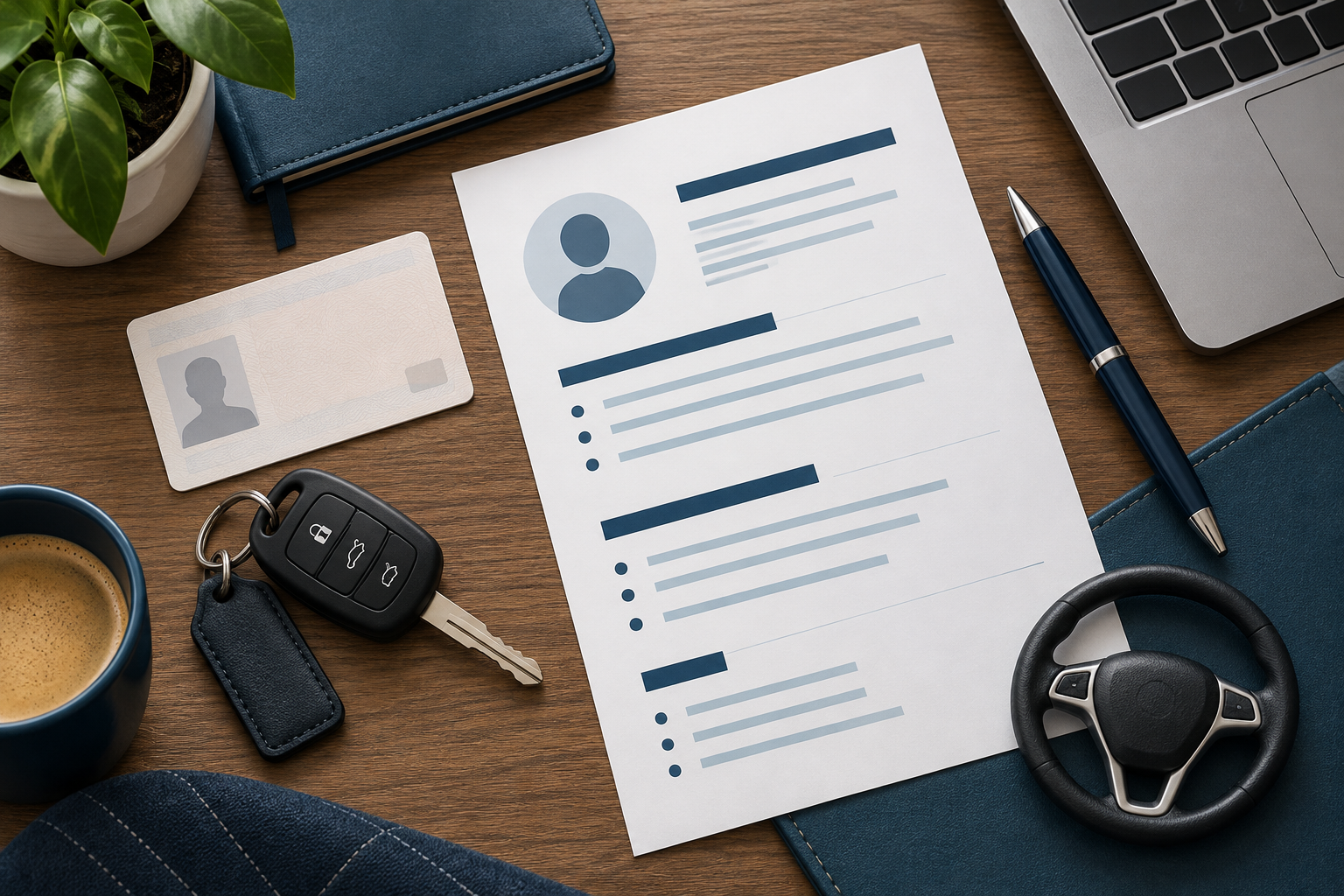 Illustration of a driver CV, licence card and car keys